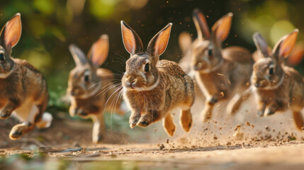 Obraz premium Rabbits running through a digital local marketplace, promoting businesses with hyper-localized digital tools