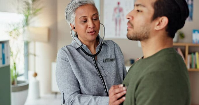 Healthcare, doctor and stethoscope for checkup, clinic and breathing of man, patient and consultation. Blood pressure, info and update of medicine, medical professional and people in hospital