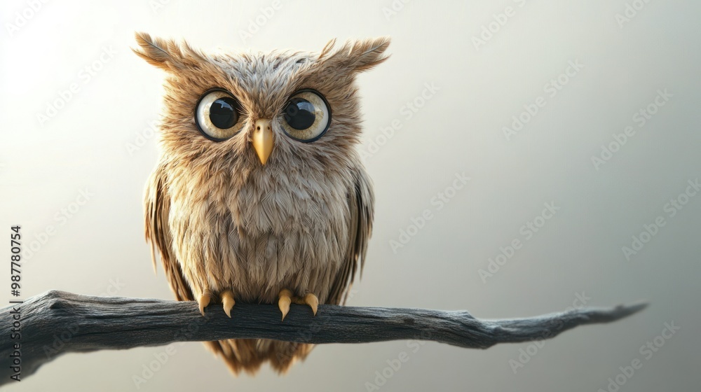 Poster A Fluffy Brown Owl with Large Eyes Perched on a Branch