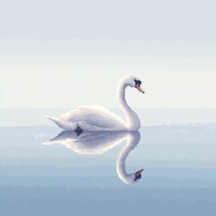 Obraz premium Graceful Swan Reflected on Calm Water in Serene Pixel Art