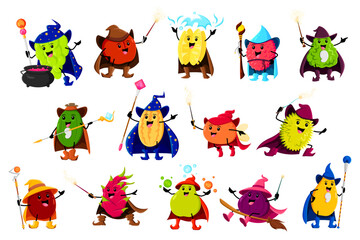 Fototapeta premium Cartoon tropical fruit mage, wizard and warlock characters. Vector lemon, grapes, apple, carambola, pear and bergamot. Feijoa, orange, mango or figs. Dragon fruit, plum or lychee, jack fruit or durian