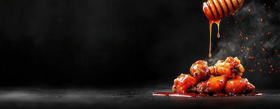Advertisement of Close-up of BBQ chicken wings with honey glaze, dripping sauce, grilled chicken wings, party snack concept