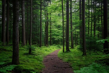 Obraz premium Forest path leading through lush green trees and moss. Natural scenery, nature trail, outdoor adventure, hiking.