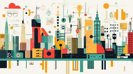 Abstract Cityscape with Geometric Buildings and Symbols