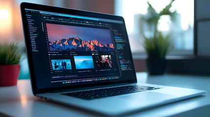 A laptop computer with a bright, open window behind it. The screen shows a video editing program with a preview of mountain scenery.