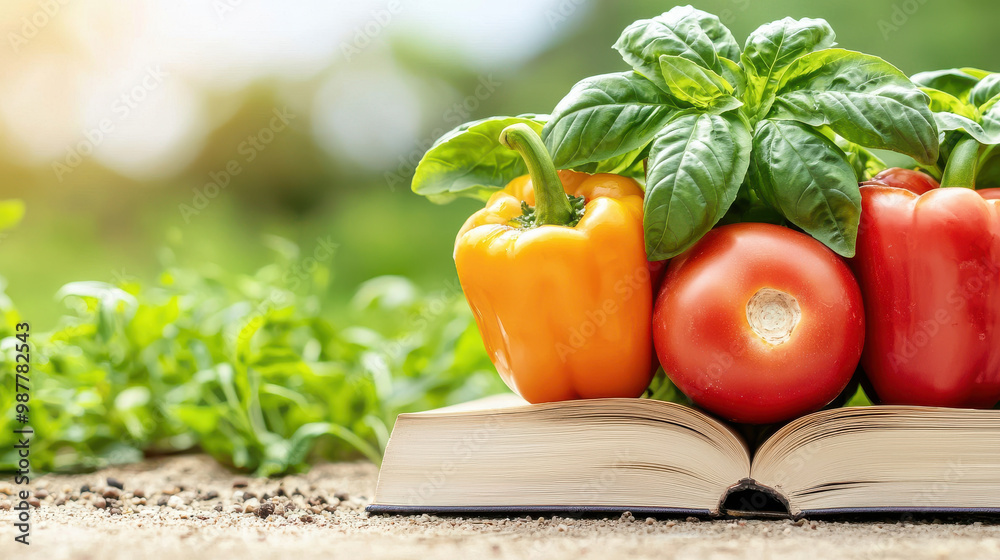 Wall mural fresh vegetables like bell peppers and tomatoes are beautifully arranged on open book, symbolizing c