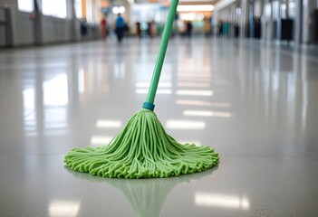 A mop on a shiny, reflective floor in a blurred indoor setting, suggesting a clean and well-maintained public space like an airport or train station