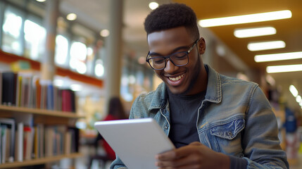 Young man smiling while using a tablet in a cozy library during the afternoon study hour