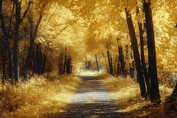 Obraz premium Sunlit path through golden autumn forest