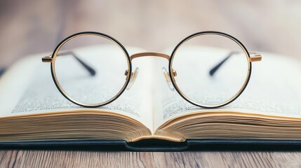 A pair of antique spectacles with round lenses, resting on an open book, a symbol of knowledge