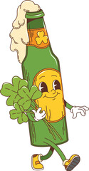 Cartoon green groovy beer bottle character, saint Patrick day holiday personage in retro hippie style. Isolated vector glass flask with traditional foamy Irish ale drink, carrying lush clover bouquet