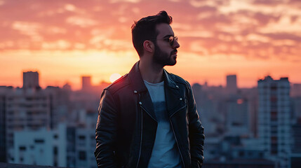 Fototapeta premium A young man in a leather jacket and sunglasses stands on a rooftop, looking out at a city skyline during sunset.