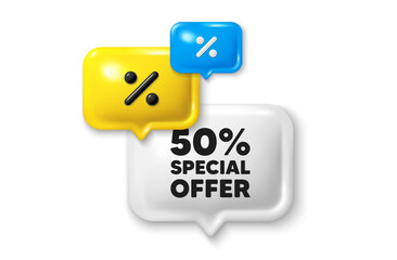 Discount speech bubble offer 3d icon. 50 percent discount offer tag. Sale price promo sign. Special offer symbol. Discount discount offer. Speech bubble sale banner. Discount balloon. Vector