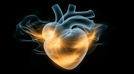 A close-up view of a burning anatomical heart, its realistic textures and veins clearly visible, while flames flicker wildly around it. The black background enhances the contrast b