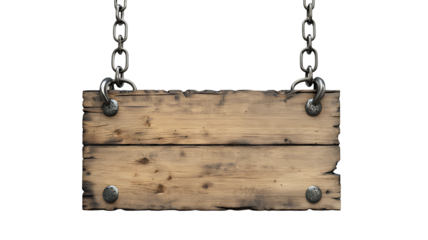 Vintage wooden signboard hanging on a chain, isolated on a white background, showcasing a rustic texture with a blank space for customization with clipping path, PNG collection, PNG image, PNG files, 