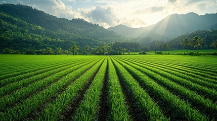 A lush green field stretches across the landscape, framed by mountains and trees under a bright sky, perfect for agricultural themes, nature projects, or wellness content,