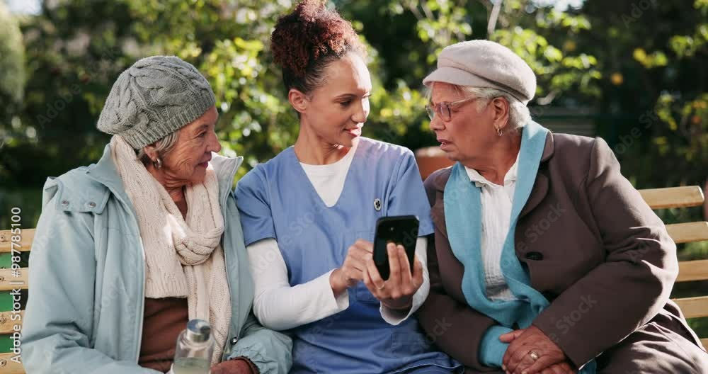 Poster Senior, people and caregiver with smartphone outdoor for explaining, help and tech assistance for features. Elderly, women and nurse with mobile for communication on emergency or safety apps support.