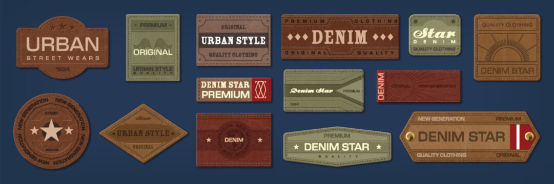 Denim jeans leather labels and patches. Isolated vector set of stylish textured tags for clothing, featuring a variety of shapes and colors, showcase mix of urban and vintage designs and craftsmanship