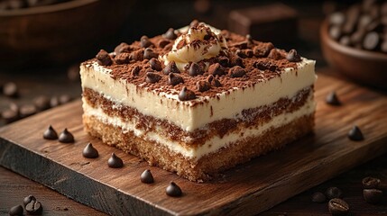 Tall square piece of tiered cake with coffee cream and chocolate chips on top, on a wooden board.