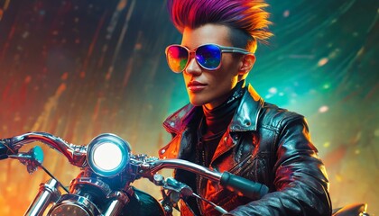 Colorful Mohawk Biker in Dynamic Motion