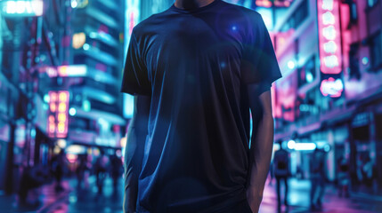 Urban T-shirt mockup displayed on a rotating platform where the shirt exclusive design elements are projected as holograms, creating a dynamic, interactive display