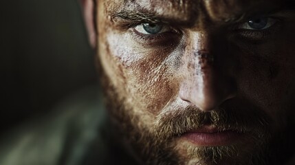 Obraz premium A close-up of a rugged man with intense eyes and a weathered face, suggesting resilience.