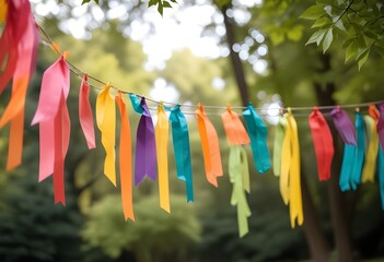 Streamers hanging outdoors against a blurred background of trees and foliage
