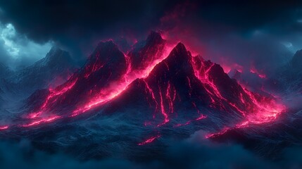 Dark mountain peaks glow under neon auroras in bold design picture