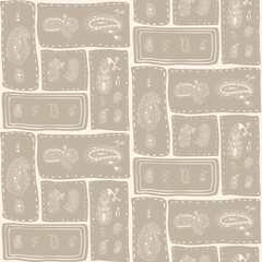 Neutral-toned patchwork seamless pattern with paisley line arranged in rectangular segments. Patchwork monochrome repeat background. Vector hand drawn scribble illustration.