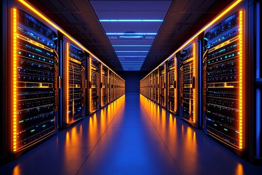 A data center with rows of servers, showcasing the infrastructure behind cloud computing