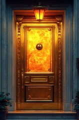 A grand, ornate door with a warm glowing centerpiece creates an inviting atmosphere, perfect for real estate listings, home dÃ©cor ideas, or architectural features in marketing materials,