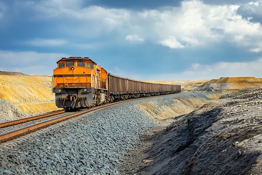 Freight train transporting cargo through a mining area, industrial landscape,  locomotive, rail transport,  freight, logistics,  mining, industry