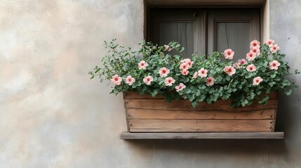 A window box overflowing with blooming geraniums and trailing ivy, adding charm and greenery