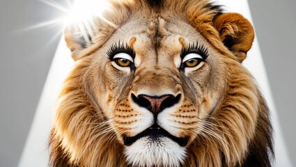 A close-up portrait of a majestic lion facing forward