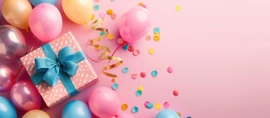 Colorful birthday present and balloons on a pink background and New Year's festival, Generative AI
