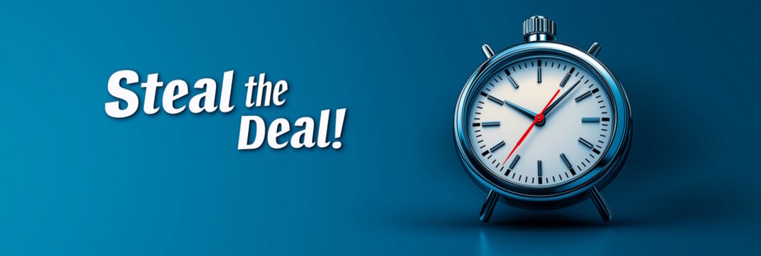 "Steal the Deal" text next to a classic stopwatch, symbolizing limited-time offers and urgency in promotional sales