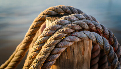 Ropes and Knots on a Weathered Dock Post