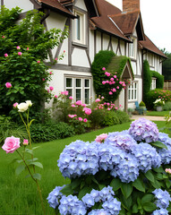 une maison de campagne autour de laquelle poussent de l'herbe et des hortensias.
