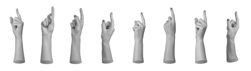 Index finger pointing up, hand gesture for indicating, advertising, promoting. Isolated on white background, set