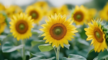 Fototapeta premium A field of tall sunflowers with their faces turned toward the sun, surrounded by green foliage