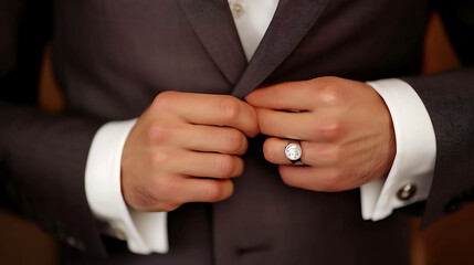 Obraz premium A man in a suit adjusts his jacket, showcasing a diamond ring on his finger.