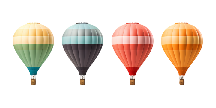 A vibrant illustration of colorful hot air balloons floating in the sky, showcasing adventure and travel in a fun, whimsical design with clipping path, PNG collection, PNG image, PNG files, Generative