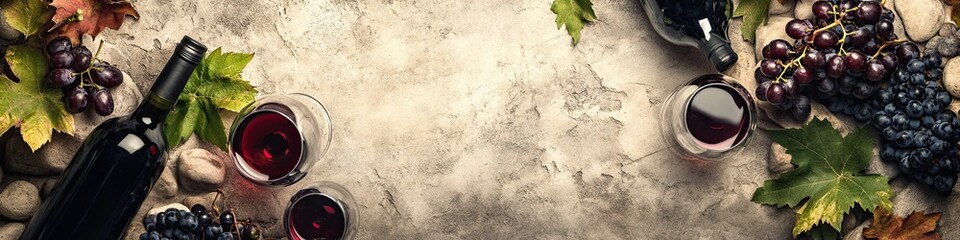 Composition of wine bottles, glasses, grapes and grape leaves on a stone table. Top view. Free space for text. 