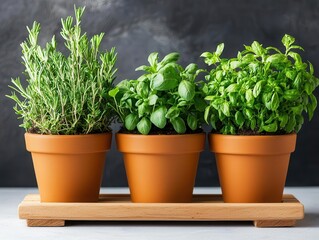 Fototapeta premium A small indoor herb garden with various herbs planted in labeled pots, fresh and aromatic