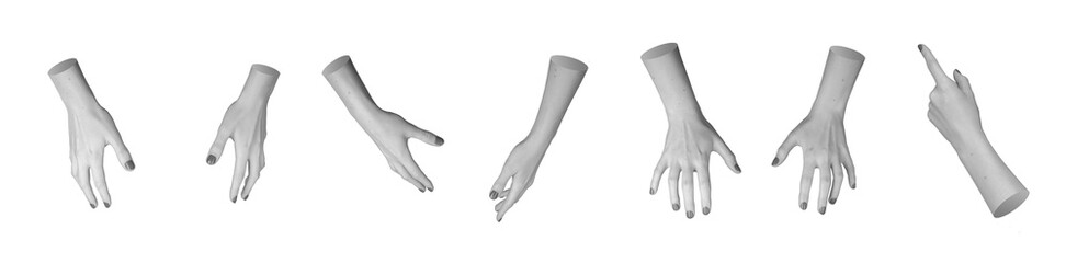 Hands reaching out, stretching to something, pointing, taking, isolated on white background, set