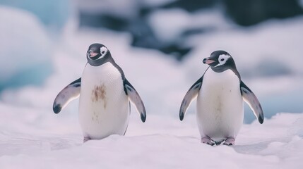 Fototapeta premium Playful Penguins in a Snowy Habitat