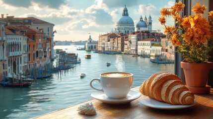 A cup of coffee and a croissant on the table, with the picturesque canals of Venice in the background © hugy
