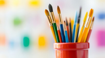 A vibrant collection of paintbrushes in a cheerful container perfect for young artists