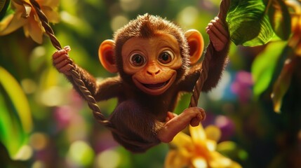 Obraz premium A Smiling Baby Monkey Swinging on a Vine in a Lush Jungle