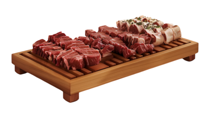 Set of meat dishes on a wooden tray with clipping path, PNG collection, PNG image, PNG files, Generative art.